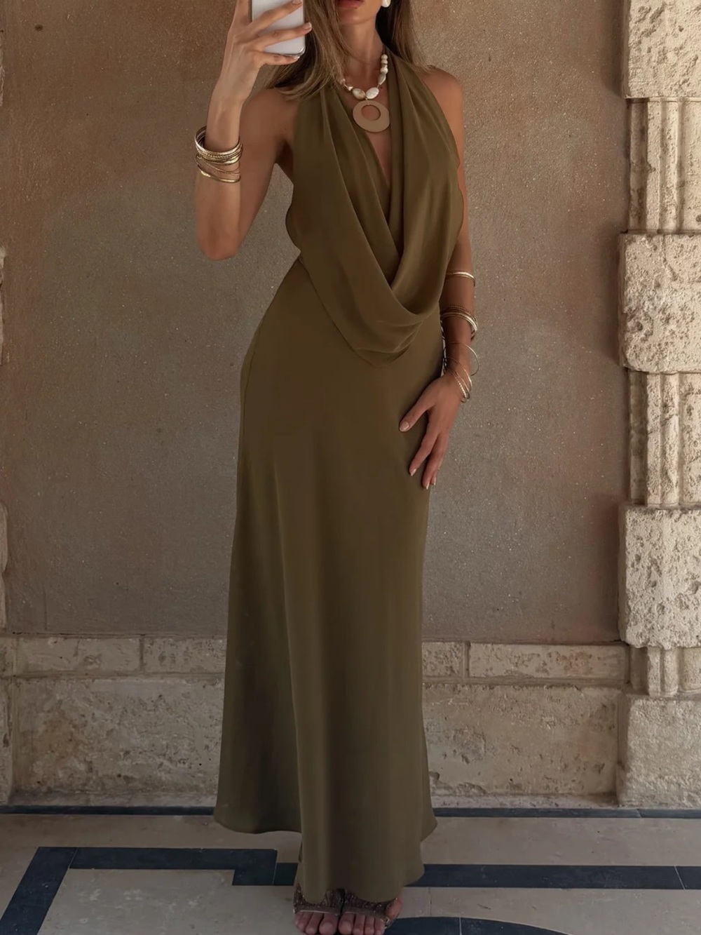 12th Tribe NWT Olive Halter Drape Maxi Dress